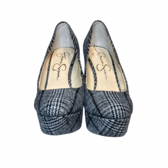 Jessica Simpson Nellah Chunky Plaform Pump High Heels Black white plaid retro - Picture 3 of 7